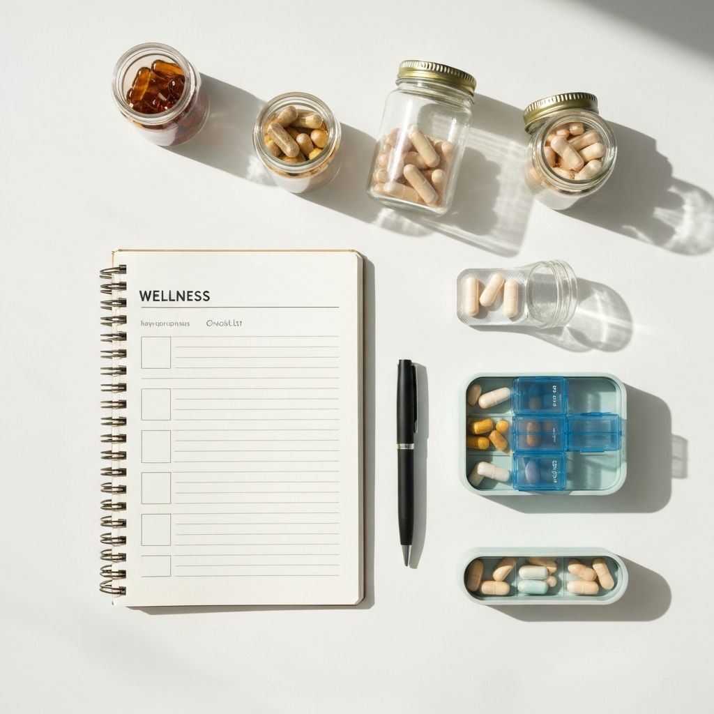 Notizbuch mit Checkliste und Gläsern mit Supplements