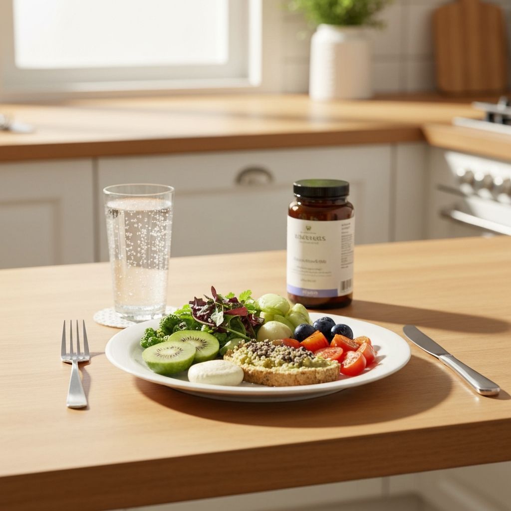 Mittagstisch mit Teller, Wasser und Supplement-Glas