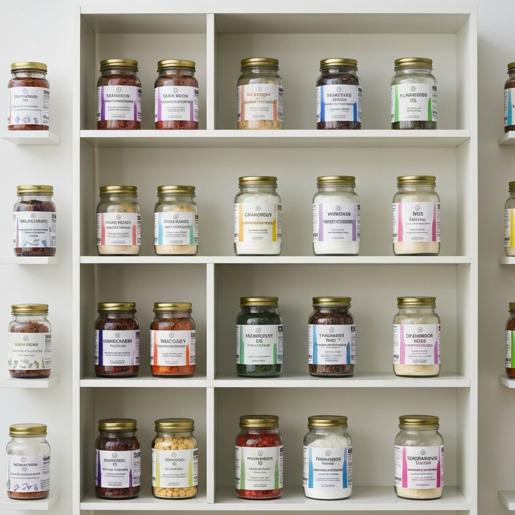 Organisch arrangiertes Regal mit Gläsern und Pulvern