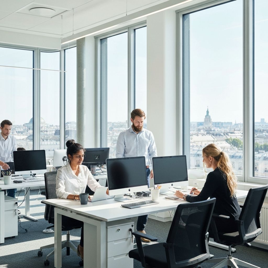 Team in hellem Büro bei der Arbeit